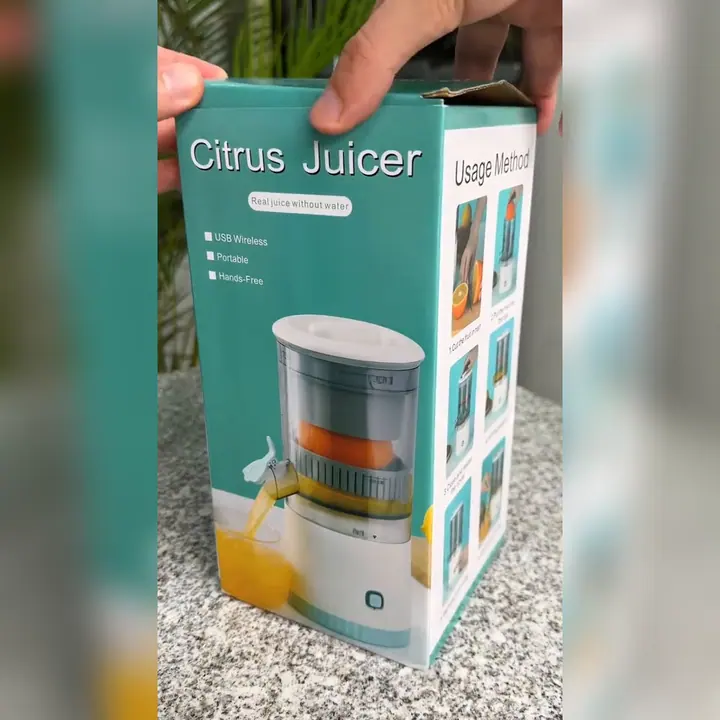 Caja del producto con el texto «Citrus Juicer», «USB Wireless», «Portable» y «Hands-Free»